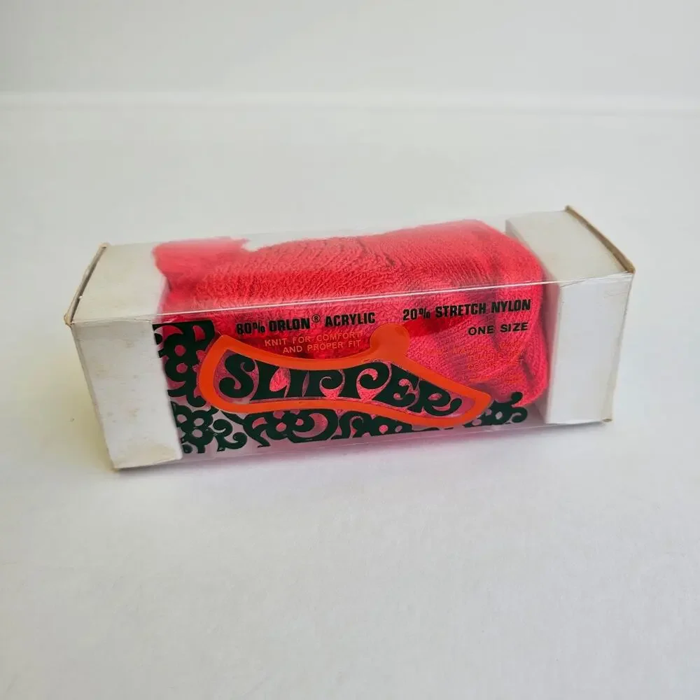 Orlon Slipper Socks Red Stretch Knit Nylon PomPom Vintage 70s One Size Vtg